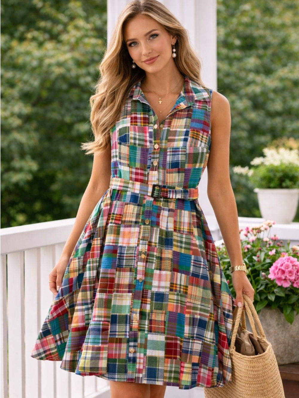 Kiel James Patrick Summer Soirée Madras Patchwork Belted Shirt Dress 100% Cotton